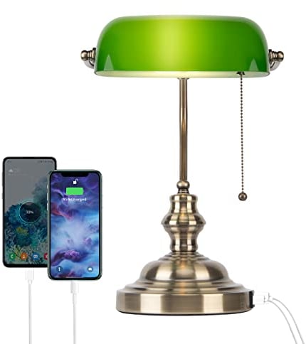 FIRVRE Green Glass Bankers Desk Lamp Reading Classic Retro LED Table Lamp with USB Port Vintage Brass Pull Chain Switch Plug-in Nightstand Bedside Light for Home Office Bedroom Study