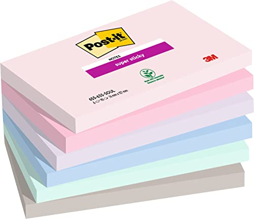 Post-it Super Sticky Notes, Packung mit 6 Blöcken, 90 Blatt pro Block, 76 mm x 127 mm, Pink, Lila, Grün, Grau, Blau - Extra-stark klebende Notizzettel für Notizen, To-Do-Listen und Erinnerungen
