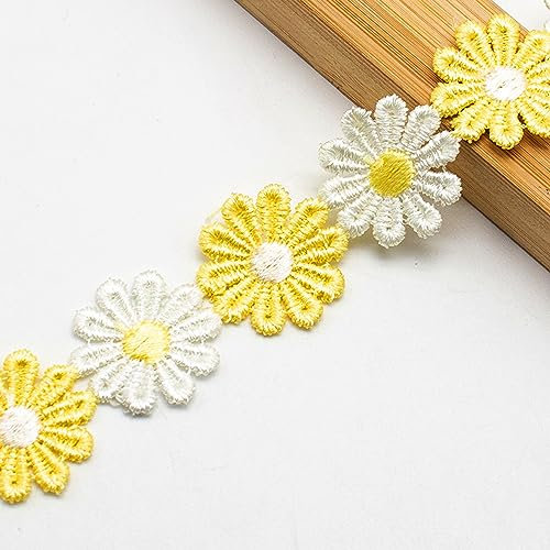 XCSJ 5 Yard 25mm Blumen Spitzenband Spitzenborte Stickerei Dekoband Zierband Borten Bänder Blumenband Gänseblümchen Dekoband Spitzen Spitzenborte Für Hochzeit Deko Handwerk Nähen Deko (Gelb)