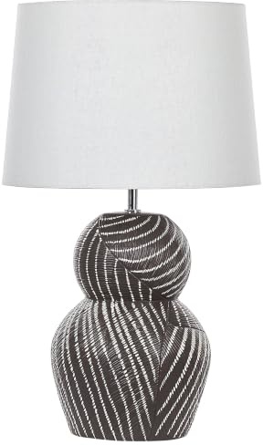 Beliani Tischlampe Schwarz Keramik mit Keramikfuß Streifenmuster in Schirm | 1 Leuchtmittel, E27 Fassung, IP 20, Kabellänge 200 cm, 65% Jute 35% Baumwolle, 38 x 38 x 63 cm