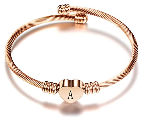LSxAB Women Initial A Letter Cuff Bracelet Rose Gold Heart Personalised Bangle Wristband Bracelets Expandable