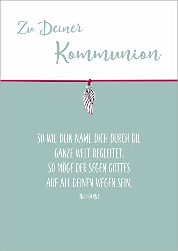 Glücksschmiedin - Erst-Kommunion Geschenk christliche Grußkarte mit handgemachtem Armband in PINK mit silberfarbenem FLÜGEL-Anhänger