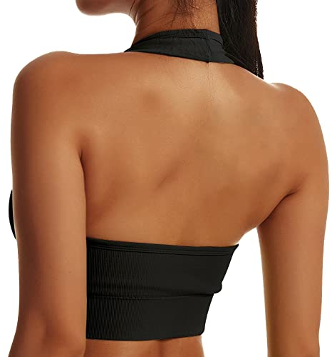 Vertvie Neckholder Sport BH Rückenfrei Fitness Bustier Damen Gepolstert Push Up BH Ohne Bügel Sport BH Top Yoga Bra Mittlerer Halt Workout(Schwarz,M)