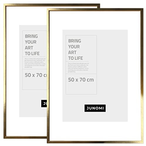JUNOMI® 2er Set Bilderrahmen 50x70 cm Holz | Farbe Gold | Posterrahmen mit bruchsicherem Acrylglas | Hoch- & Querformat zur Wandmontage, schmales Profil