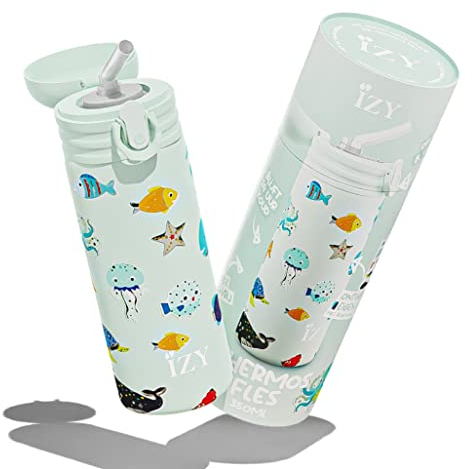 IZY Trinkflasche, Grün, Wasserspende, Trinkflasche Kinder, Wasserflasche mit Strohhalm, Thermobecher, BPA-frei, Trinkflasche aus rostfreiem Stahl, Heiß oder kalt für 12 Stunden, 350 ml