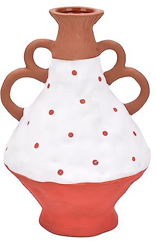 ROCKING GIFTS Vase en Céramique avec Anses Peinture Andalouse Blanche et Rouge, Vase Décoratif Amphore Argile Brune, Pot d'Ornement Ethnique Artisanat, 20 cm