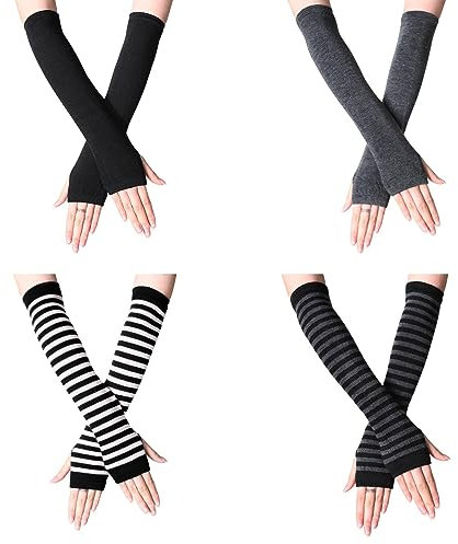 VEGCOO 4 Pairs Long Fingerless Gloves for Women, Stretchy Knitted Fingerless Glovesthumb Hole Arm Warmers Long Gloves (Black)