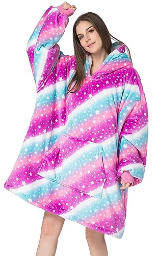 Kapuzenpullover Damen Oversize Hoodie Decke Sweatshirt Kuscheldecke Sterne | Sherpa Tragbare Decke, Weich Warme TV Decke, Kapuzen Pullover, mit Ärmel und Tasche, Geschenke für Frauen Teenager