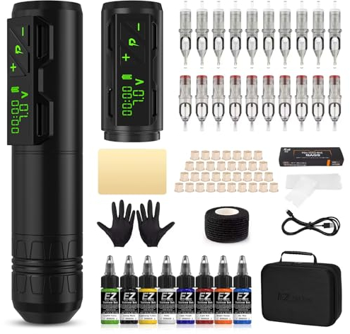 EZ Tattoo Kit - Wireless Tattoo Machine with 20 Needles and 8 Color Inks for Beginners and Artists