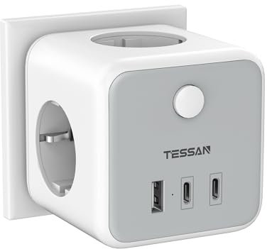 TESSAN 6 en 1 Multiprise Cube Type F 3 Sortie AC avec 3 USB, Prise Multiple 2500W, Conivent pour Cuisine, Bureau, Gris
