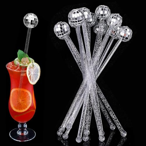 12 Pcs Cocktail Stirrers, Drink Stirrers Disco Ball Stirrers Round Top Swizzle Sticks Cocktail Accessories for Drinks Mirror Ball for Birthday Family Party Bar Cafe