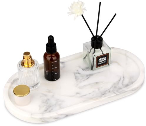 HESHIBI Oval Marble Bathroom Vanity Tray, Natural Luxury White Marble Home Kitchen Bathroom Table Tray, Stone Decorative Countertop Serving Trays for Coffee Perfume Jewelry Makeup, HSBT-403