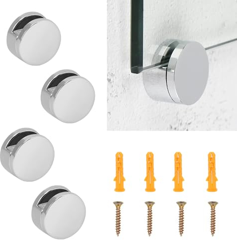 BUENTYA 4 PCS Support Miroir Mural Fxation Clips Salle de Bain, Pinces Rondes Miroir Inox, Pince à Verre en Acier Inoxydable avec 4 Vis et 4 Tubes d'Expansion pour Miroir Famille, Hôtel (Argent)
