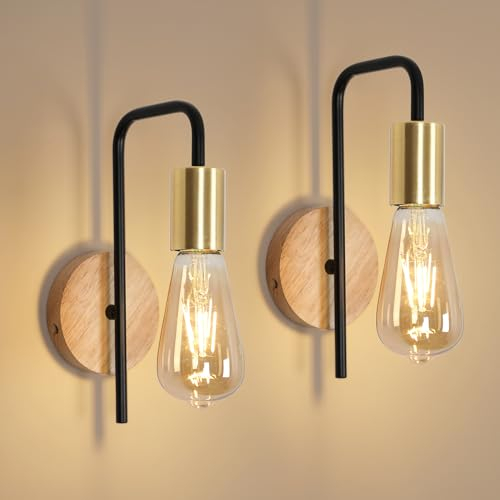 Osairous Lampada da parete 2 Pezzi, E27 legno Applique da Parete Industriale, Lampada a Muro Retrò in Ferro per Corridoio, Scale, Ingresso, Camera da letto, Nero Oro (Senza Lampadina)