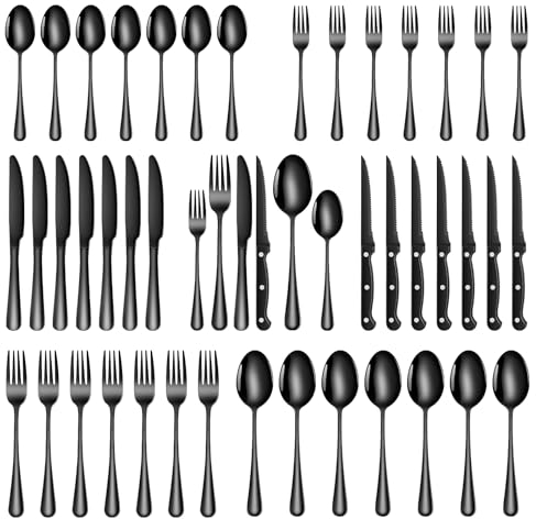 TAN REN Couverts noir mat 8 personnes, 48 pièces couverts noirs inox avec couteau à steak, couverts de table noir comprenant cuillère, couteau, fourchette, lavable au lave-vaisselle