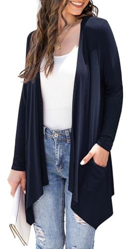 Wiwclo Solid Navy Blue Cardigan for Women Lightweight Knit Long Sleeve Open Front Fall Draped Cardigans Duster with Pocket Irregular Hem,Navy Blue,L