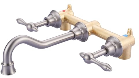 【2-Griff-Badezimmerarmatur aus gebürstetem Nickel】WOWOW Wandhalterung Badezimmer Waschbecken Armaturen Messing und Grobventil inklusive, 8 Zoll Waschtischarmatur 3 Loch Antik Wasserhahn