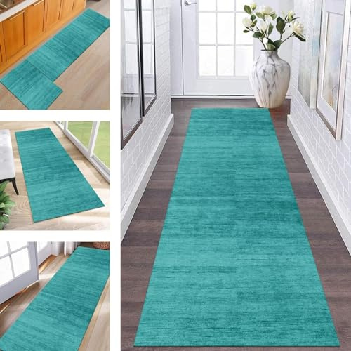 ZESEWU Teppich Läufer Flur Küche Waschbar rutschfest Korridor Teppichmatten 120X400CM Cyan Abstrakt Lang Küchenteppich Flurteppich Schlafzimmer Esszimmer Polyester Teppichläufer Meterware Anpassbar