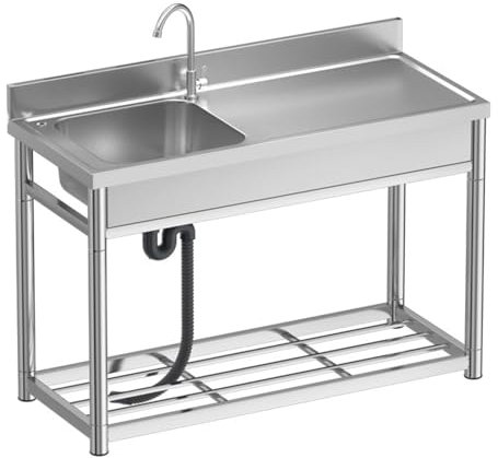 Fregadero de Cocina con Banco de Trabajo, Fregadero Comercial Independiente de Acero Inoxidable con Grifo, para Exterior, Garaje, Jardín, Fácil de Instalar, 1 Cubetas