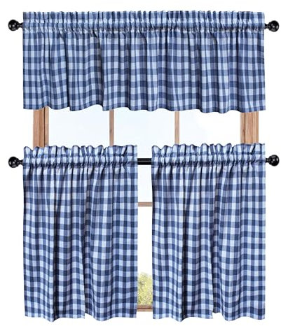 COTTON CRAFT Café-Vorhänge, Stufen-Fenstervorhänge, blau-weißes Gingham-Karo-Muster, 3er Set mit Volant, 100 % Baumwolle, Küche, Bauernhaus, Landhausstil, rustikale Wäsche, Schlafzimmer, Vorhang-Set