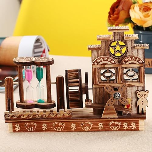 SUSANMAISON Wooden House Windmill Sailboat Rotating Music Box Creative Wooden Pen Holder Student Birthday Gift (3 Tier House Music Box)