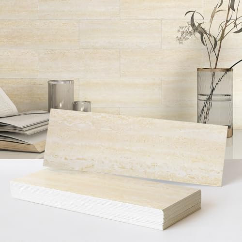 VAOVI Stick on Subway Tiles for Kitchen Splashback,Large Tile Stickers Marble Effect 3D Wall Tiles Panels Self Adhesive Bathroom Waterproof(30 PCS Beige)
