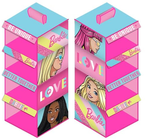 Disney Barbie Hanging Wardrobe Shelf Organizer, Foldable Storage - 4 Tier, Pre-Assembled, 71cm x 29cm x 28cm, Max Weight 3kg, Easy Velcro Attachment - Perfect for Kids Closet Organization
