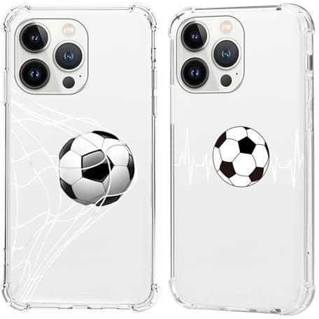 Olgary 2 Stück für iPhone 13 Pro 6,1 Zoll Hülle mit Fußball Funny Muster Durchsichtig Handyhülle Motiv, Transparent Hard PC Stoßfest TPU Bumper Dünn Schutzhülle Case