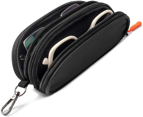 Tangoner Custodia per occhiali da vista doppia custodia morbida portatile con cerniera per occhiali da sole con clip portachiavi per uomo donna, nero, taglia unica