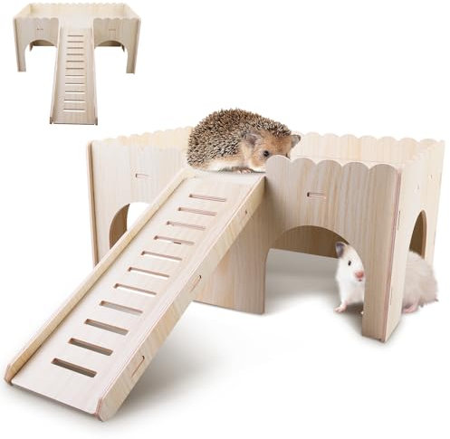 WIYETY Holz Meerschweinchen Bett, Groß Meerschweinchen Haus mit Rampe & Eingänge, Meerschweinchen Zubehoer, für Chinchilla, Hamster, Hase, Frettchen - 34 x 24 x 18 cm