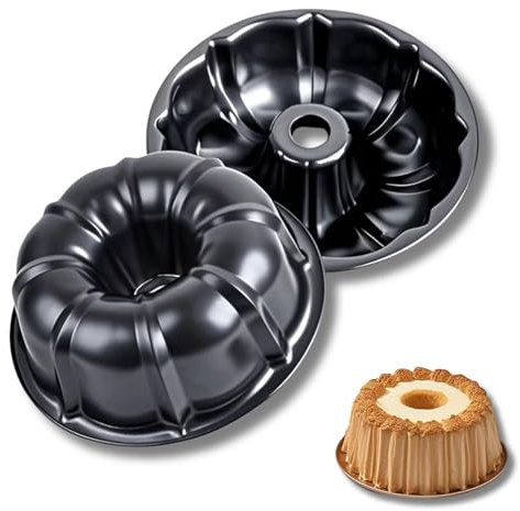 OlBuWa 2PCS Ring Cake Tin, Round Cake Pan Tray, Non-Stick Cake Tins for Baking, Fluted Ring Pan with Swirl Engraving Baking Mould for Cakes Bread, Carbon Steel, Black