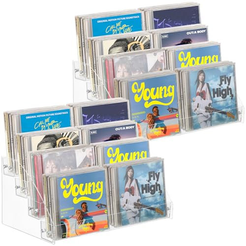 2 Pack 4-Tier CD Storage Organizer,Clear Acrylic CD Holder Cascading CD Storage Rack,DVD/CD Case Holder Organizer for 48 CD Jewel Cases,Tabletop Compact Disc Case Holder (12.2 x 7.1 x 5.5 In)