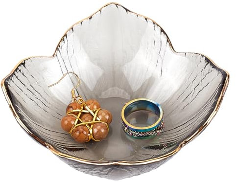 CREATCABIN Flower Ring Dish Jewelry Tray Dark Khaki Glass Trinket Tray Jewelry Organizer Plate Bowl Small Ring Holder Dish Decorative for Earrings Necklaces Bracelet Watch Keys Tableware 3.8x3.8Inch