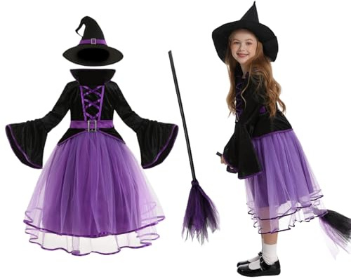 maxToonrain Witch Costume Kids 4-9 Yrs Girls Halloween Costumes with Witch Hat & Broom Full Length Purple Tutu Hemline (6-7 Year, Large)