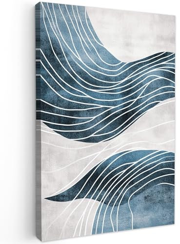 MuchoWow© Leinwand Bilder Groß 80x120 cm XXL Wanddeko Wohnzimmer Aesthetic Room Decor Deko Zimmer Wandbilder Modern Bild auf Leinwand Linien - Wellen - Abstrakt - Blau