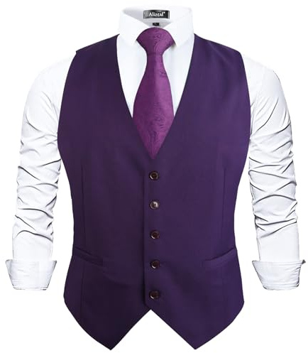 Alizeal Gilet classico da uomo tinta unita per completo da cerimonia e smoking, vestibilità regolare, Viola scuro, XXL
