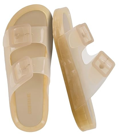CUSHIONAIRE Pool Slides For Women Waterproof Double Buckle Adjustable Slip-On Womens Sandals For Beach Shower Casual Wear