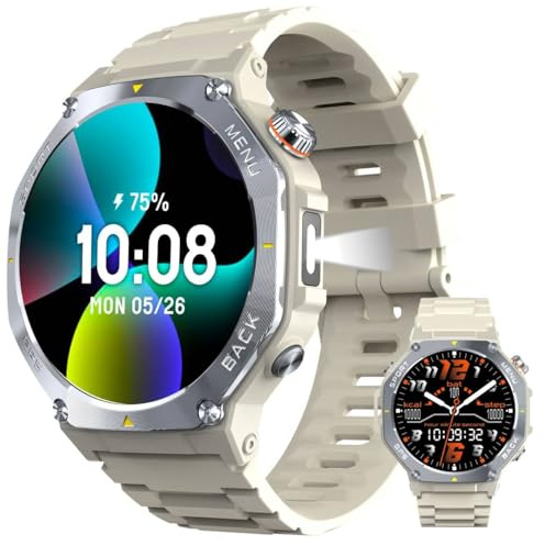 Smartwatch Uomo GPS Integrato, Militare Stile, 170+ Modalità Sportive, 1.43 AMOLED, Torcia, Smart Watch per Android & iOS, Chiamate Bluetooth, Frequenza Cardio/Sonno, Bussola/Altimetro, 3ATM, Bianco