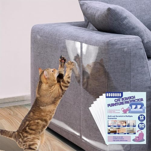 Houbobo Sofa Protectors from Pets, 12 Pack Anti-Cat Scratch Furniture Protectors, Single-Sided, Heavy-Duty Self-Adhesive Tape, No-Residue for Couch, Carpet, Doors & Walls - Includes 50 Twist Pins