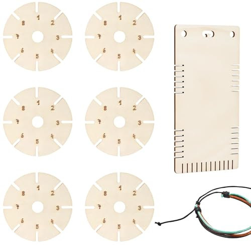 DvBCNMe Knüpfstern aus Holz, Professionelle Kumihimo Flechtscheibe für Armbänder Knüpfen, 6 Runde und 1 Rechteckige Holzplatten für DIY Schmuckherstellung und Kreatives Basteln