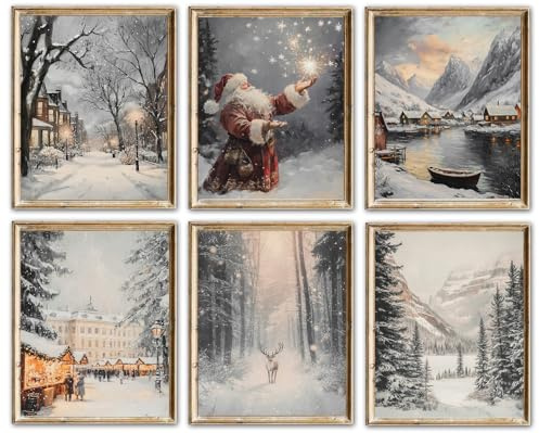 Vintage Christmas Wall Art Prints – Winter Holiday Posters with Santa, Snowy Village, Reindeer & Forest Scene, Rustic Festive Decorations for Living Room, Bedroom, Fireplace & Hallway( 8x10 Unframed)