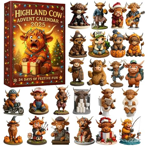Adventskalender Highland-Kuh, 24 Tage Weihnachts-Countdown mit 24 Überraschungen, Highland Cow Figur, Weihnachtsdekoration für Zuhause und Büro, Geschenk für Kuhliebhaber