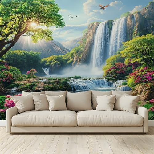 MKBKLI Photo Wallpaper Waterfall Landscape Colourful Flowers Poster Picture Non-Woven Mural 3D Panoramic Custom Wall Art Print Living Room Bedroom TV Backdrop Corridor Decoration 200 (W) x 140 (H) cm