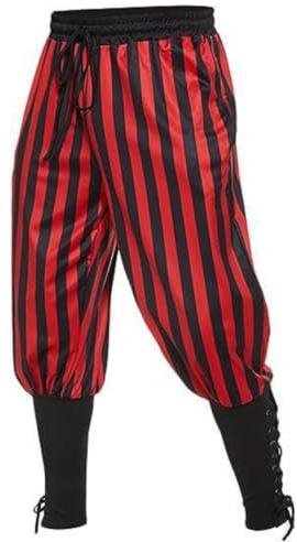 RuiChy Männer Mittelalterliche Piratenhose, lose Gothic Wiking Renaissance Hose mit Zugband, gestreifte Baumwolle Leinen Hose mit elastischem Bund und Taschen für Party Cosplay und Bühnenauftritte