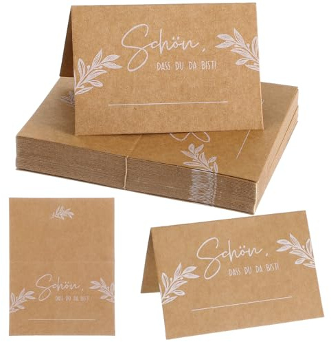 LIQWEI 50 Stück Kraftpapier Tischkarten, Schön Dass Du Da Bist Namenskarten 110x85mm Tischdekoration Namenskarten Braun Beschriften Platzkarten Für Hochzeit Geburtstag Konfirmation Kommunion Taufe Fei
