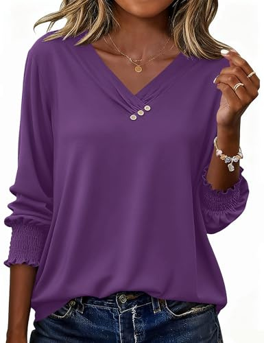 Rapbin Womens Blouses 3/4 Sleeve Tops V Neck Shirts with Buttons Decor | Spring Summer Casual Elrgant Tunic Dressy