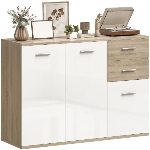 HOMCOM Buffet Salon Haut Brillance 106 x 35 x 76 cm Blanc et Bois Naturel | Meuble de Rangement, 2 Tiroirs, 3 Portes, Étagère Réglable, Style Contemporain, Buffet Salle à Manger et Cuisine