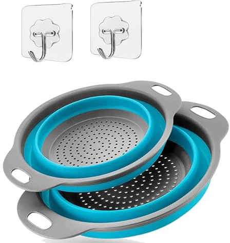 UVB Collapsible Colander Set, Space-Saving Foldable Kitchen Strainer for Pasta, Vegetables & Fruit, Colander for Kitchen with 2 Stainless Steel Hooks & Silicone Funnel – Blue
