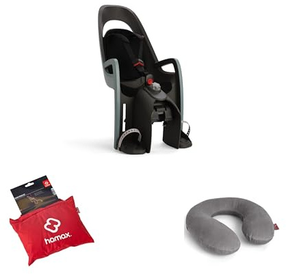 Hamax – Pack Unique : Porte Bébé Vélo Caress Vert/Noir + Oreiller Cervical + Poncho Pluie Enfant – Siège Inclinable 20°, Sécurité 3 Points, Protection Imperméable