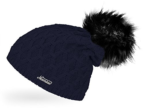 Neverless® Damen Strickmütze gefüttert mit Fell-Bommel, Strick-Beanie, Winter-Mütze, Bommelmütze, Navy Unisize